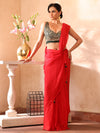 Red Embellished Sequinned Chiffon Saree With Blouse Piece