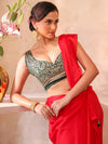 Red Embellished Sequinned Chiffon Saree With Blouse Piece