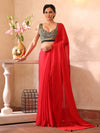 Red Embellished Sequinned Chiffon Saree With Blouse Piece