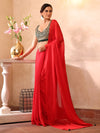 Red Embellished Sequinned Chiffon Saree With Blouse Piece