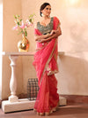 Pink Embellished Sequinned Organza Saree With Blouse Piece