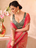 Pink Embellished Sequinned Organza Saree With Blouse Piece