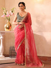 Pink Embellished Sequinned Organza Saree With Blouse Piece