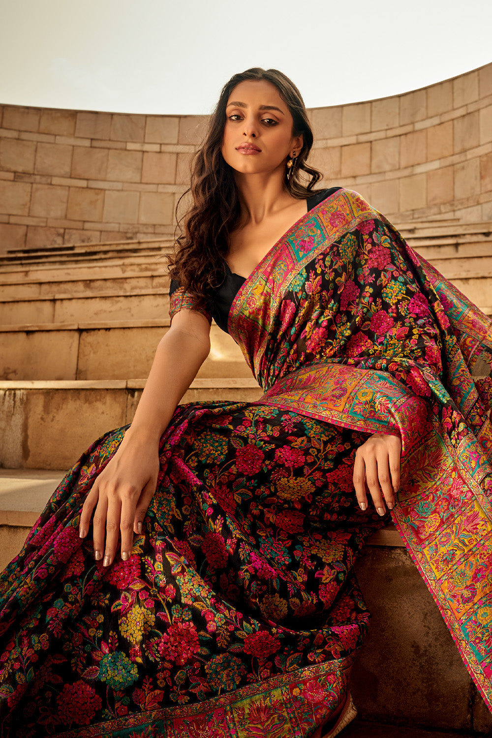 Black Multi Color Kashmiri Pashmina Silk Saree With Blouse Piece