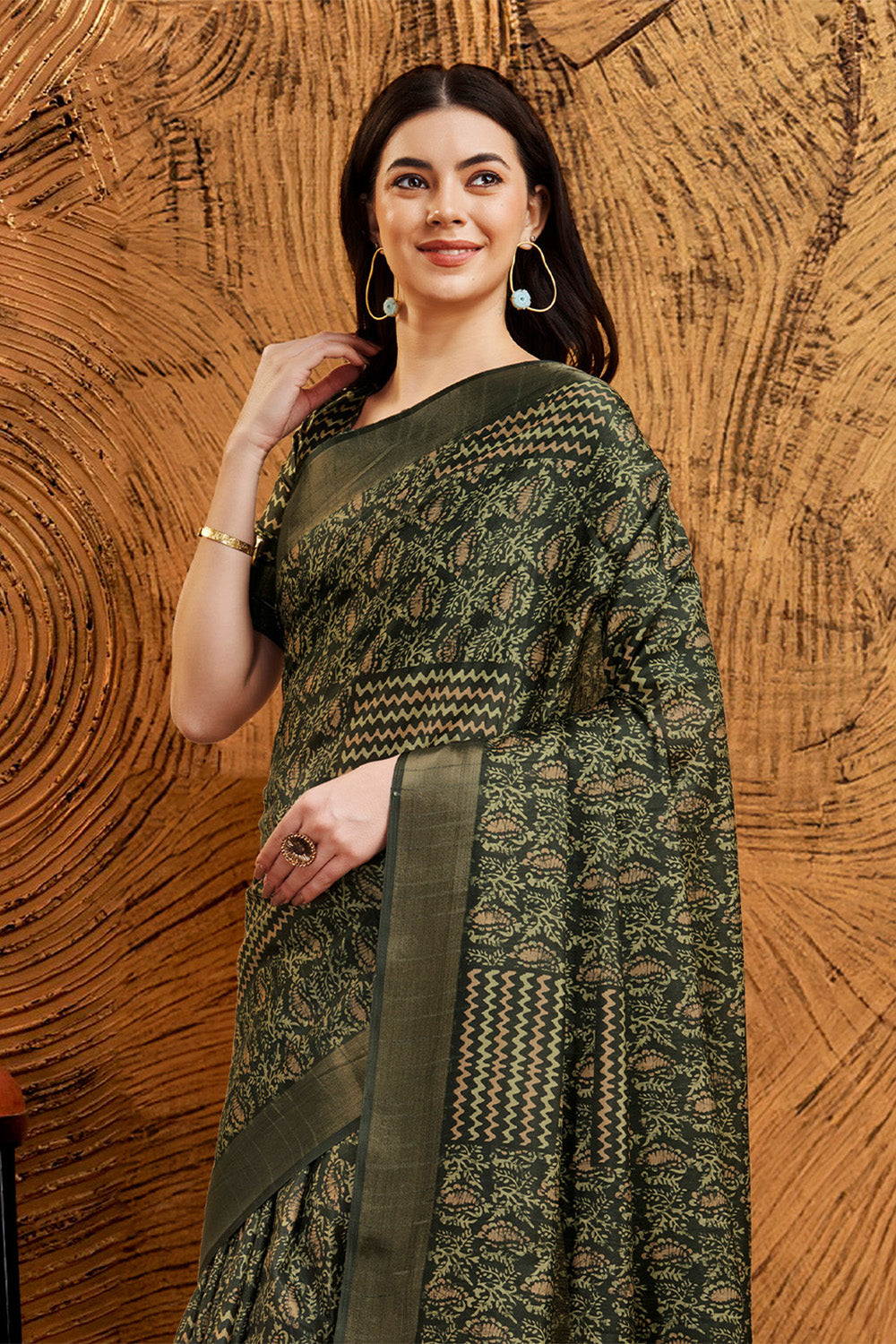 Green Silk Ethnic Motifs Printed Saree
