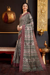 Dark Green & Maroon Silk Ethnic Motifs Printed Saree