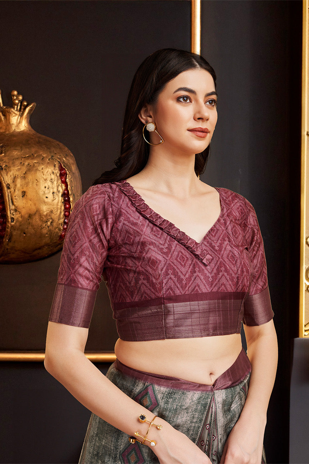 Dark Green & Maroon Silk Ethnic Motifs Printed Saree