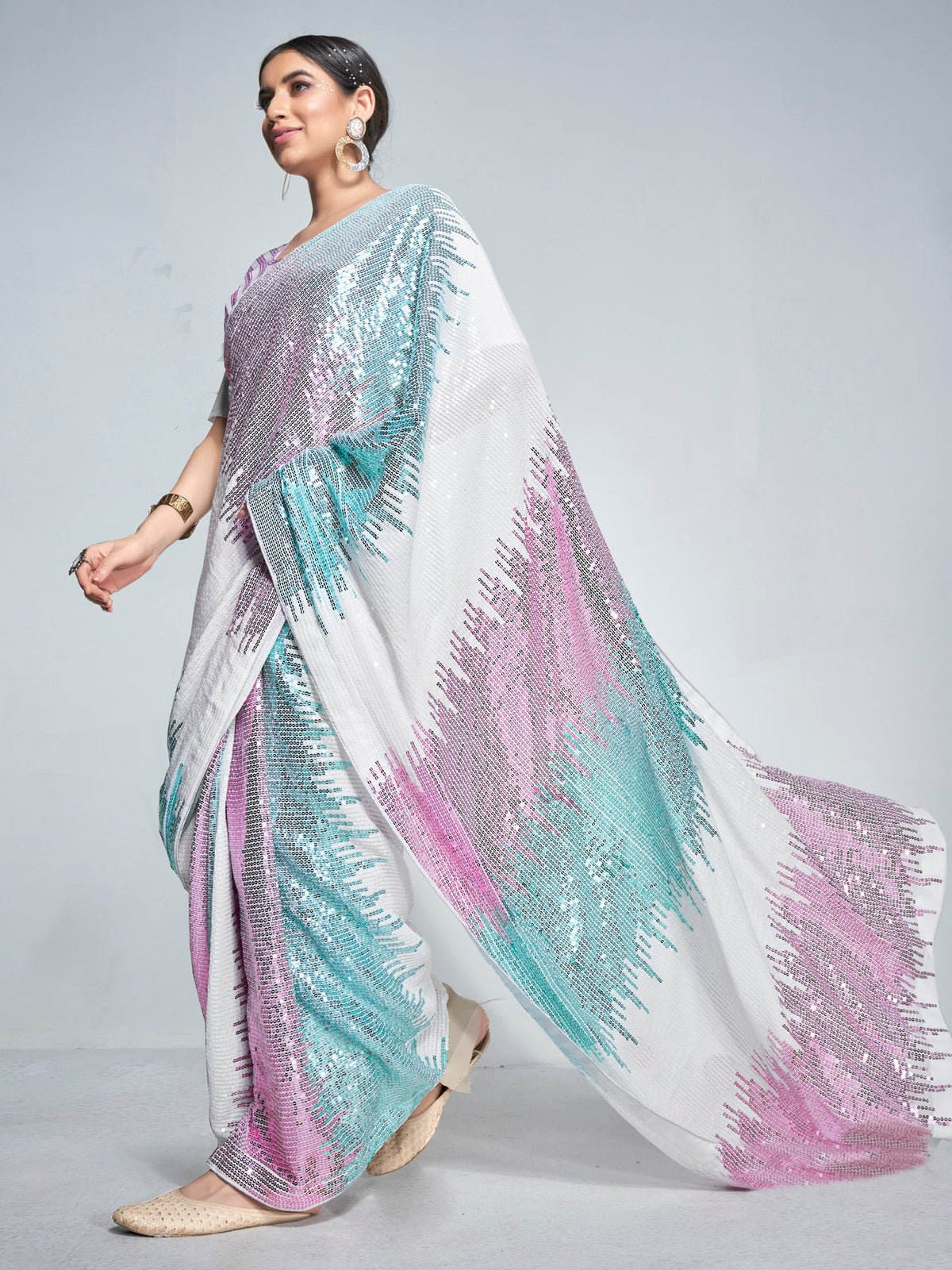 White Georgette Party Wear Saree With Blouse Piece