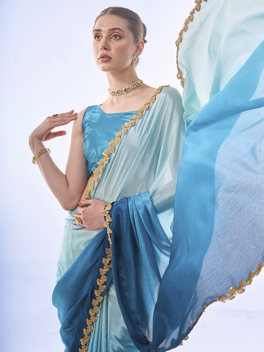 Ombre Blue Chiffon Saree With Blouse Piece
