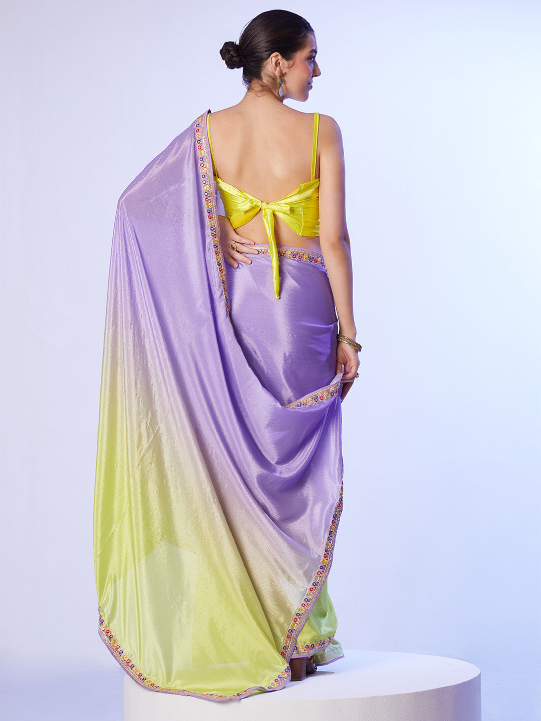 Multicolor Chinon Digital Printed Saree With Designer Lace And Unstitched Blouse