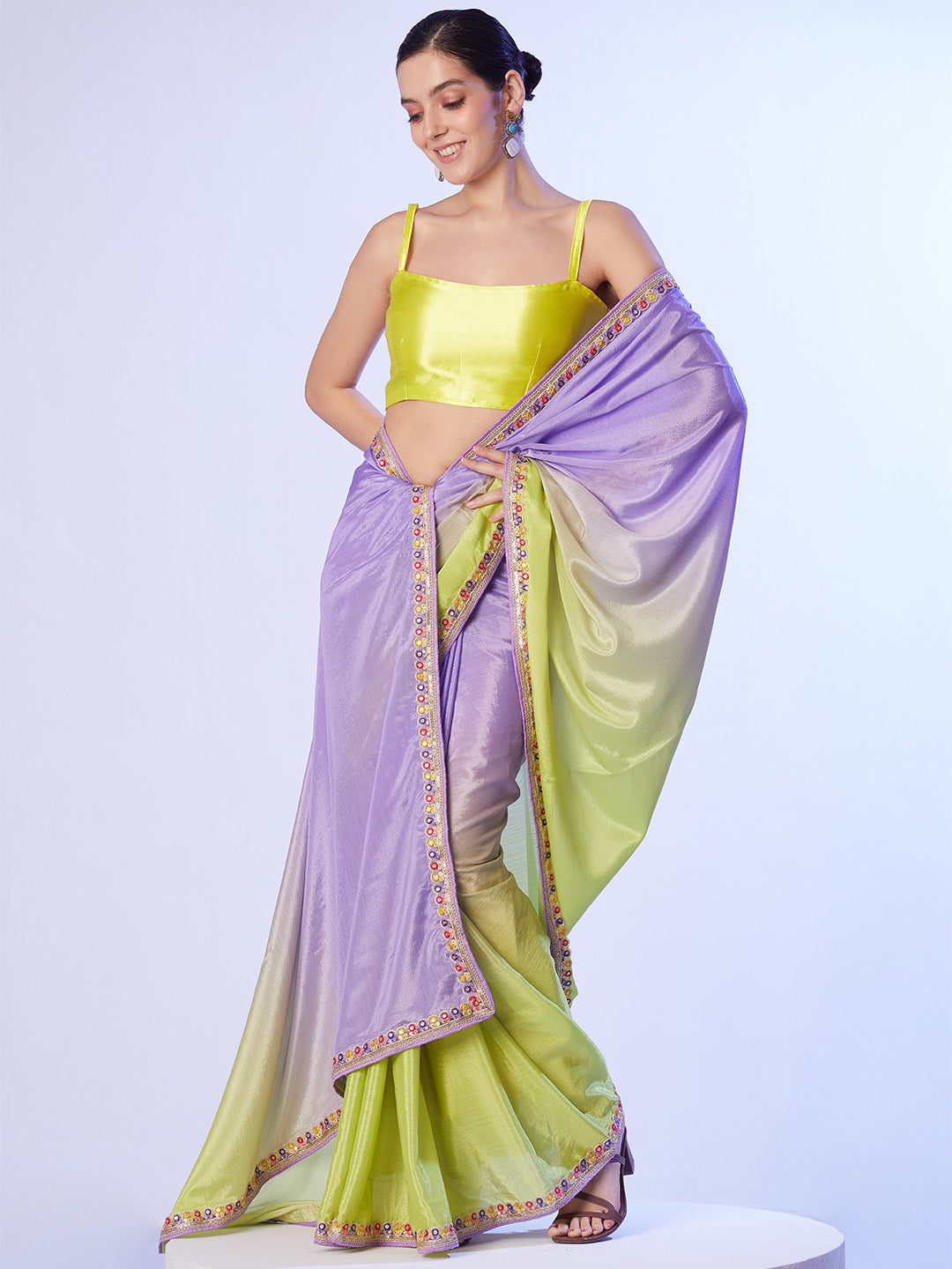 Multicolor Chinon Digital Printed Saree With Designer Lace And Unstitched Blouse