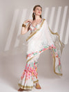 White Linen Blend Printed Saree With Blouse Piece