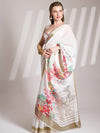 White Linen Blend Printed Saree With Blouse Piece