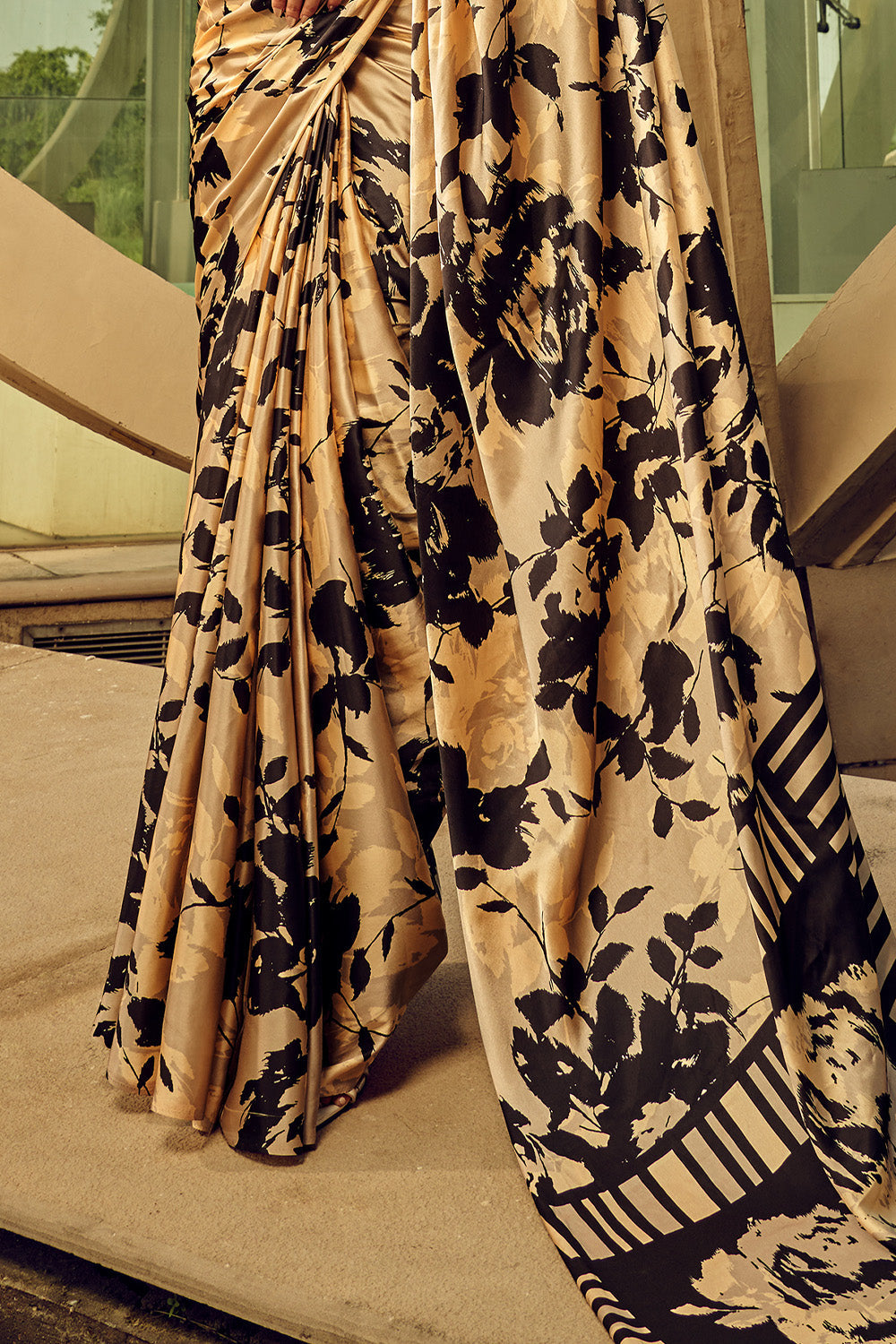 Golden Digital Printed Satin Silk Saree With Blouse Piece