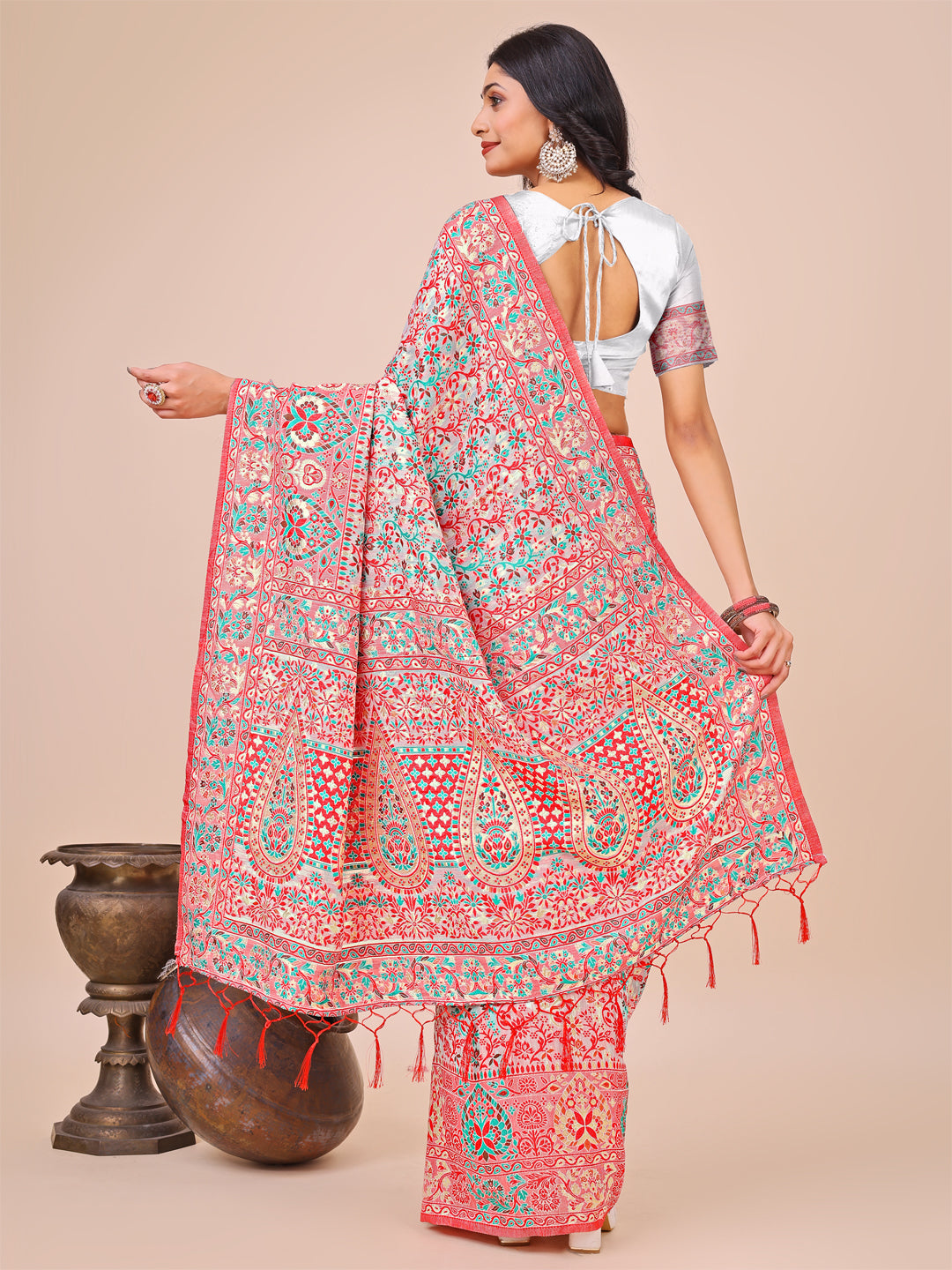 White Pashmina Cotton Saree With Blouse Piece