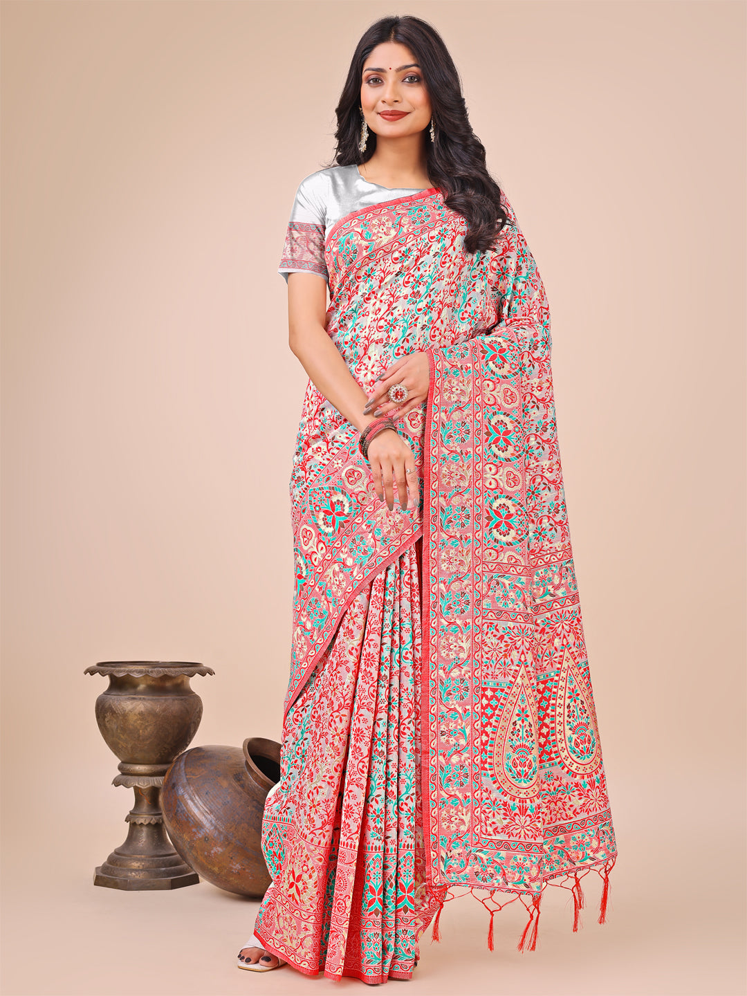 White Pashmina Cotton Saree With Blouse Piece