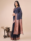 Navy Blue Linen Cotton Saree With Blouse Piece