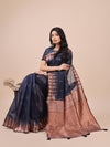 Navy Blue Linen Cotton Saree With Blouse Piece
