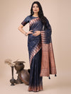 Navy Blue Linen Cotton Saree With Blouse Piece