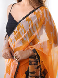 Orange & Black Printed Chiffon Saree With Blouse Piece