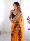 Orange & Black Printed Chiffon Saree With Blouse Piece
