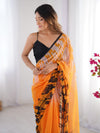 Orange & Black Printed Chiffon Saree With Blouse Piece