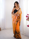 Orange & Black Printed Chiffon Saree With Blouse Piece