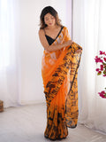 Orange & Black Printed Chiffon Saree With Blouse Piece