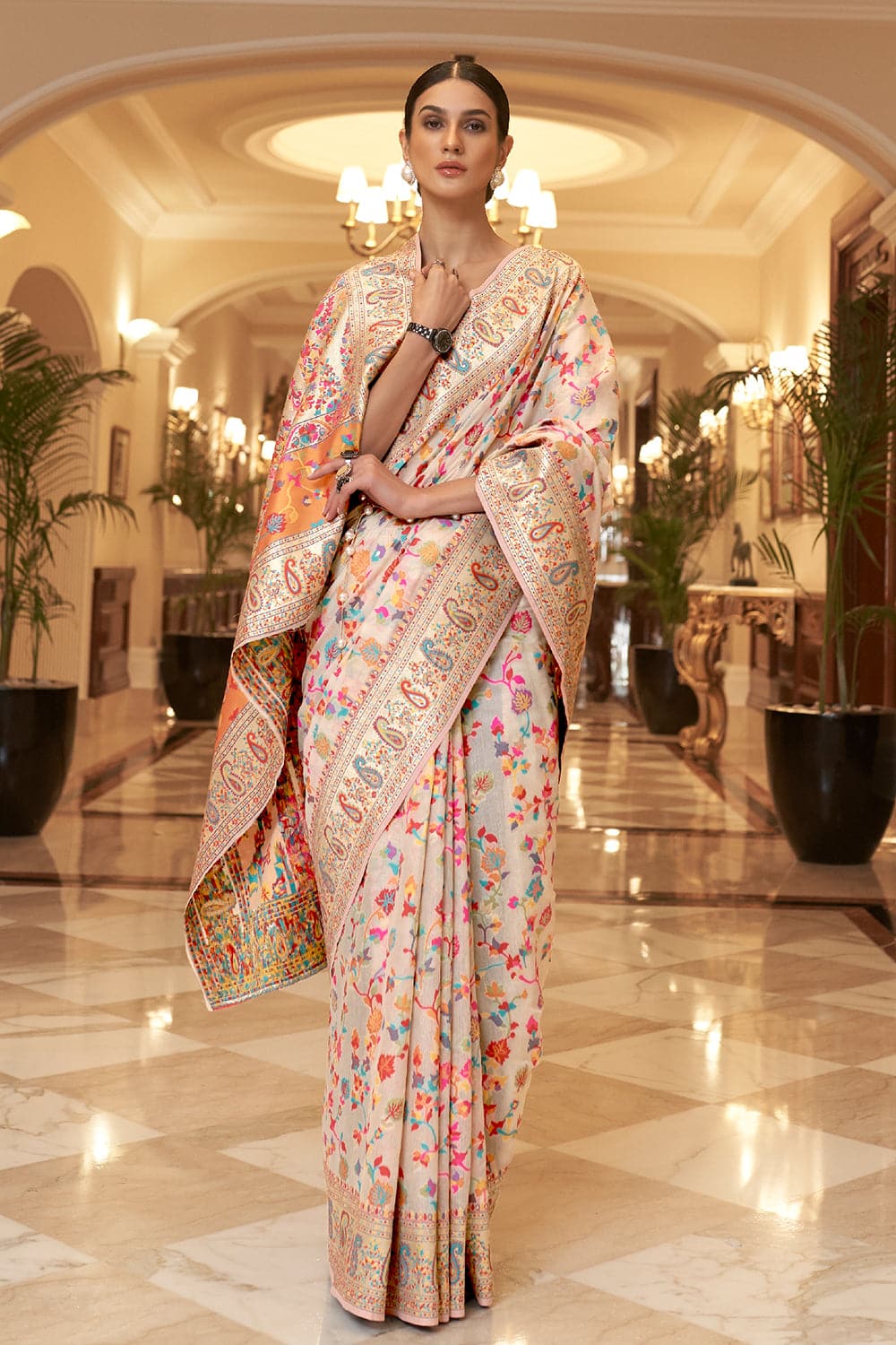 white pashmina silk saree