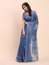Indigo Blue SANSKRIT PRINTS Linen Cotton Saree with Blouse Piece