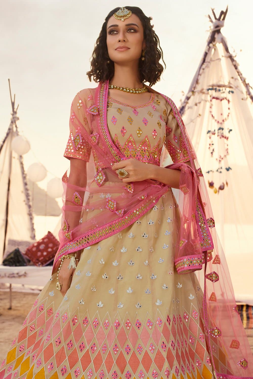 beige designer lehengas 