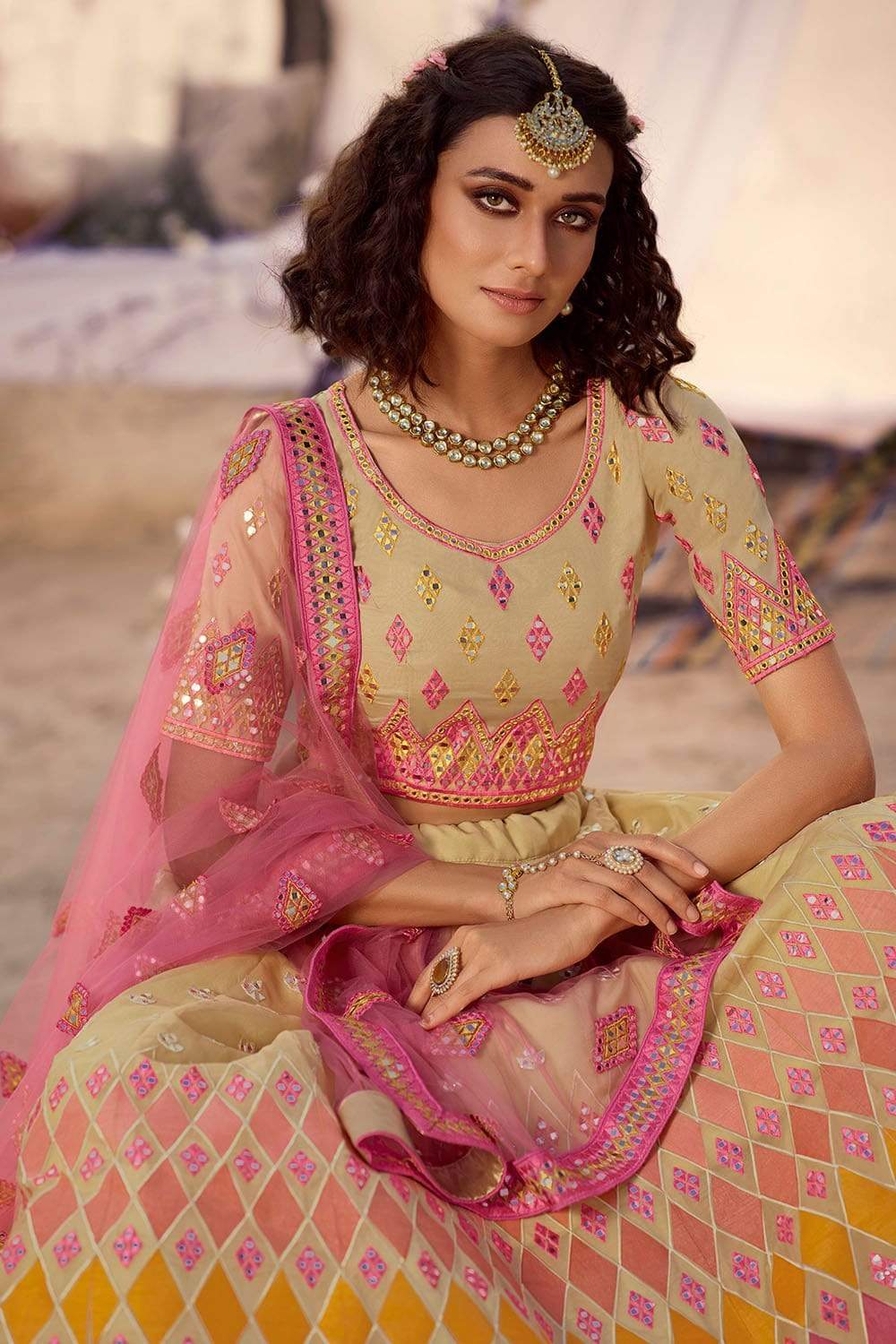 beige designer lehengas