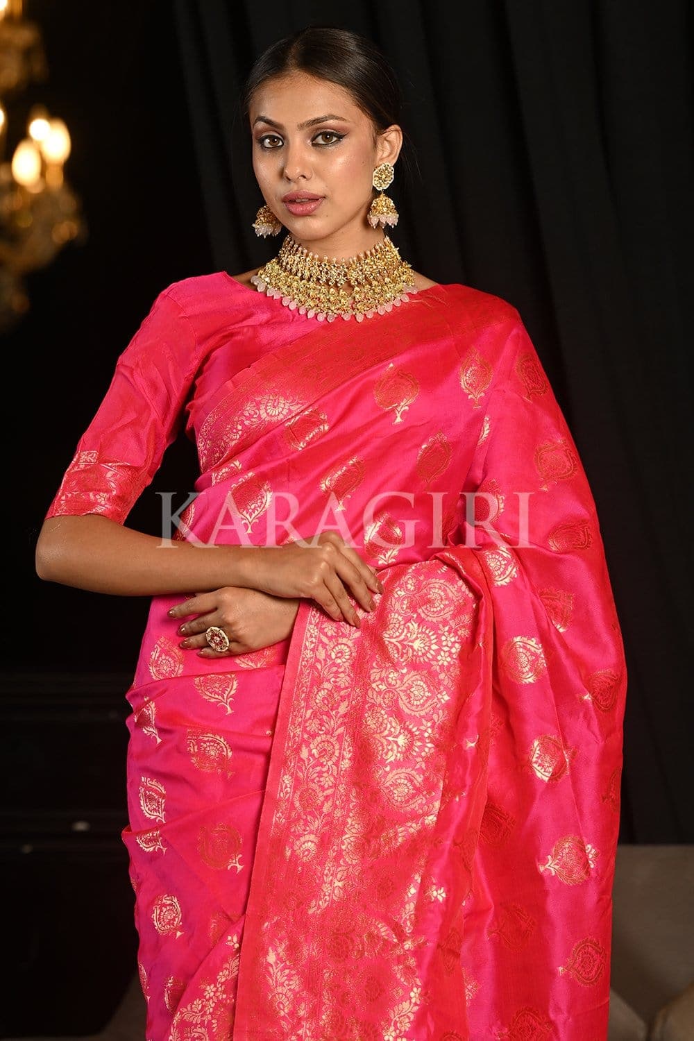 The elegance of a pure Banarasi Silk Saree with hand woven Mor bootas and  fine jewellery set in 22K gold with syndicate polki, rubies, emeralds and  fresh... | By Parul GargFacebook