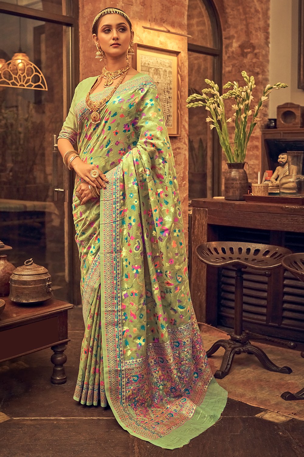 green kalamkari saree