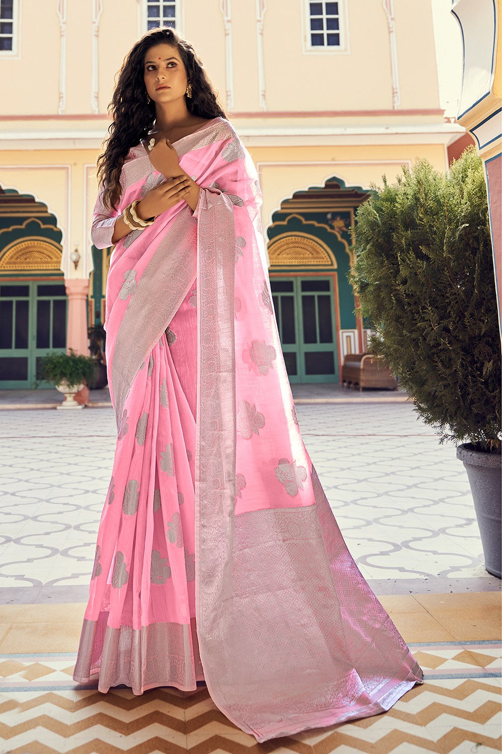 pink organza saree