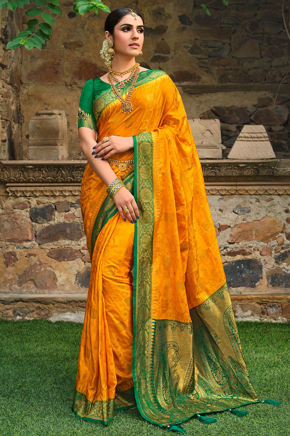 CM - Mustard Yellow Colour Lichi Silk Saree