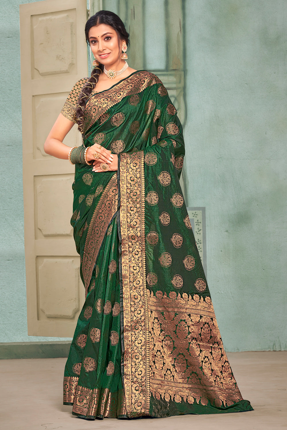 Dark Green Woven Paithani Soft Silk Saree – Zari Banaras