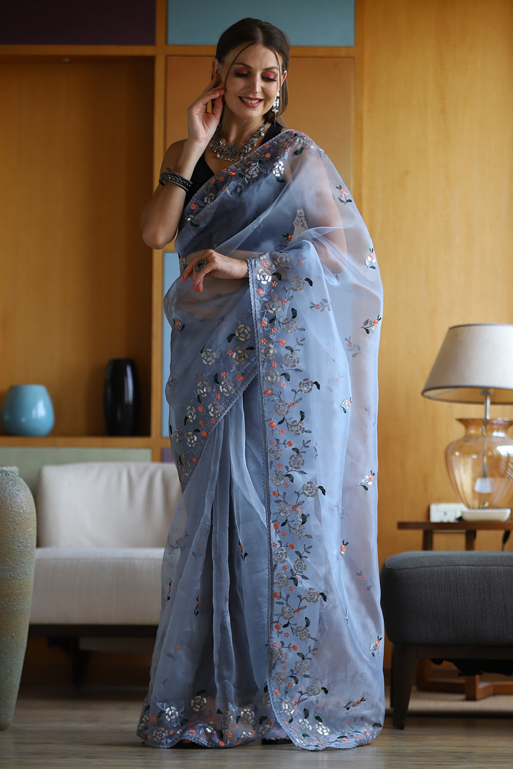 Blue Organza Silk Chikankari Work Sarees - Designerkloth