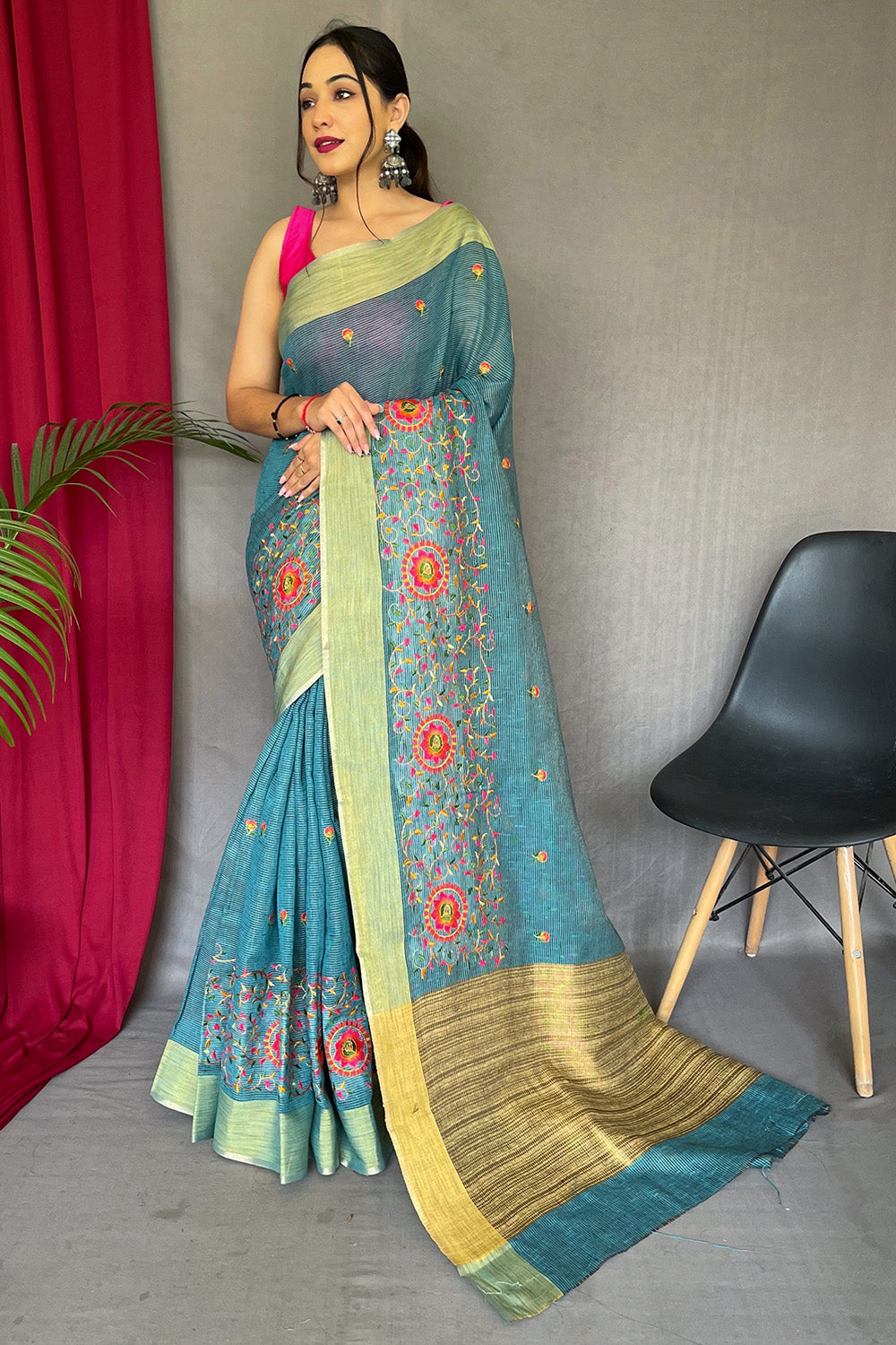 blue cotton linen saree