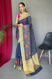 blue cotton linen saree