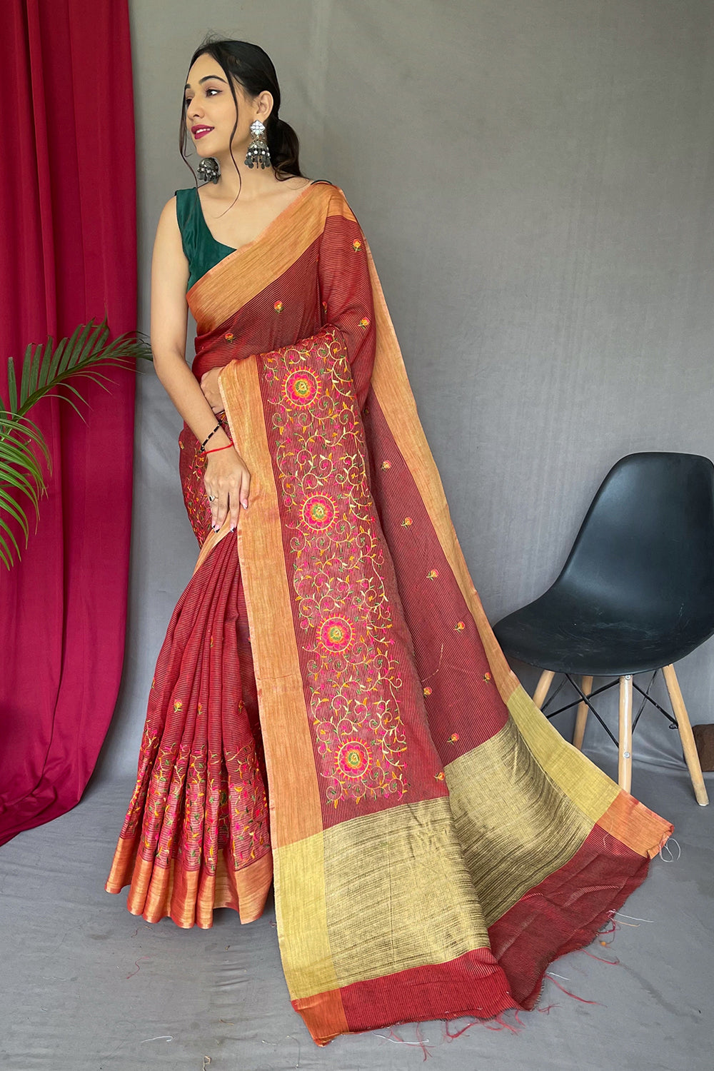 red cotton linen saree