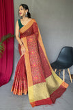 red cotton linen saree