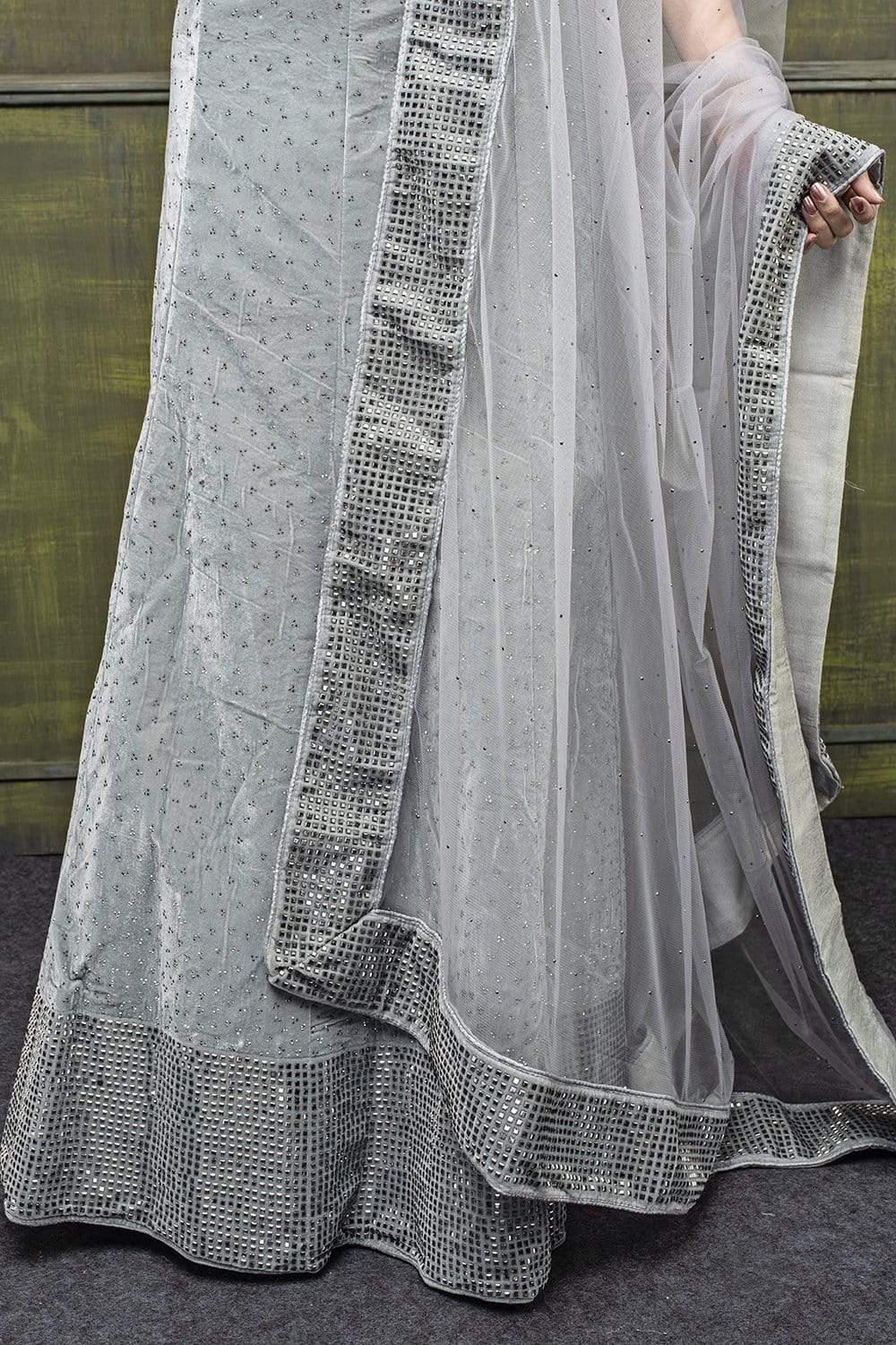 Lehenga Grey Suede Velvet Lehenga With Monochrome Blouse And Net Dupatta saree online