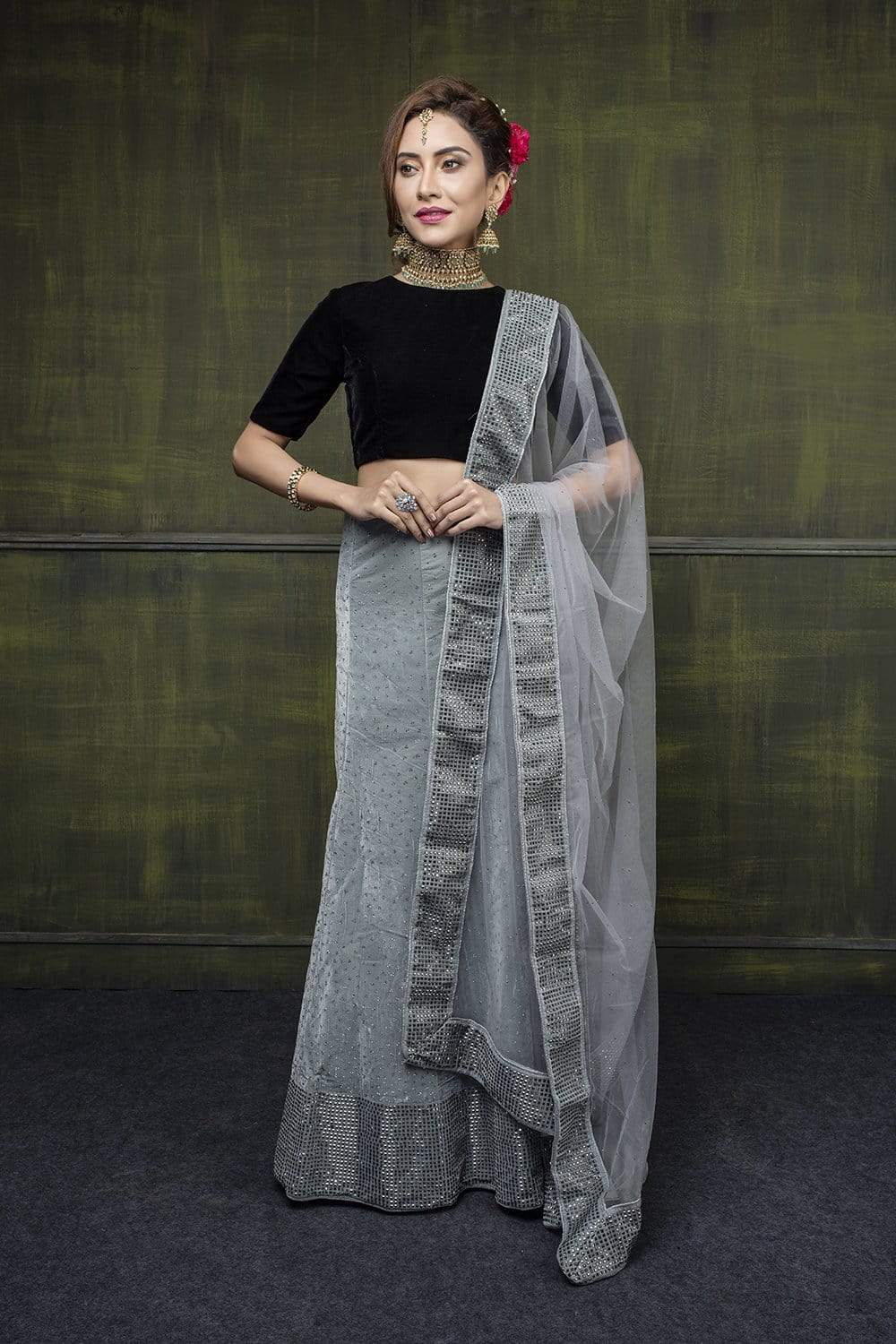 Lehenga Grey Suede Velvet Lehenga With Monochrome Blouse And Net Dupatta saree online
