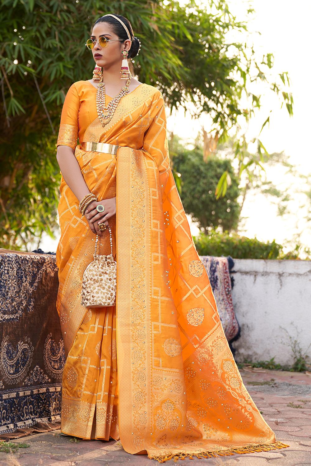 Mustard Yellow Banarasi Silk Saree – Devatithi