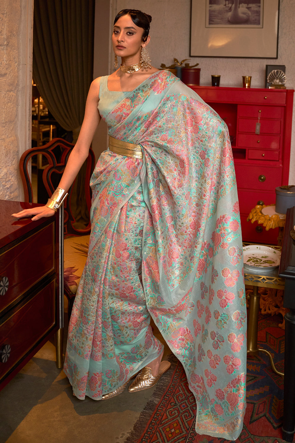 Powder Blue Pashmina Saree