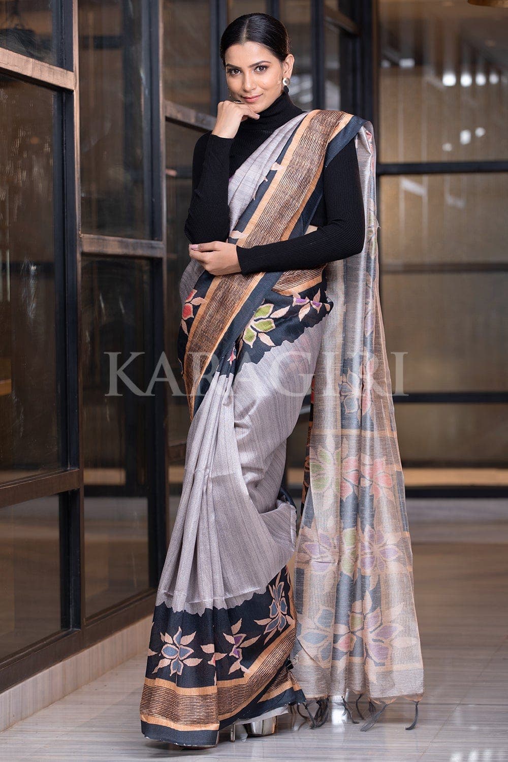 Sky Blue Kalamkari Printed Linen Saree - Urban Womania