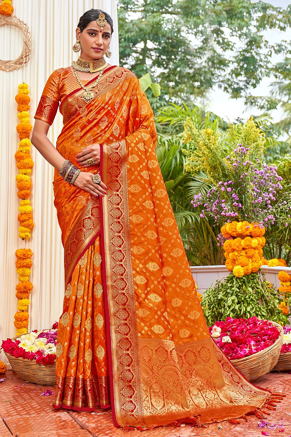 Tangerine Orange Banarasi Saree