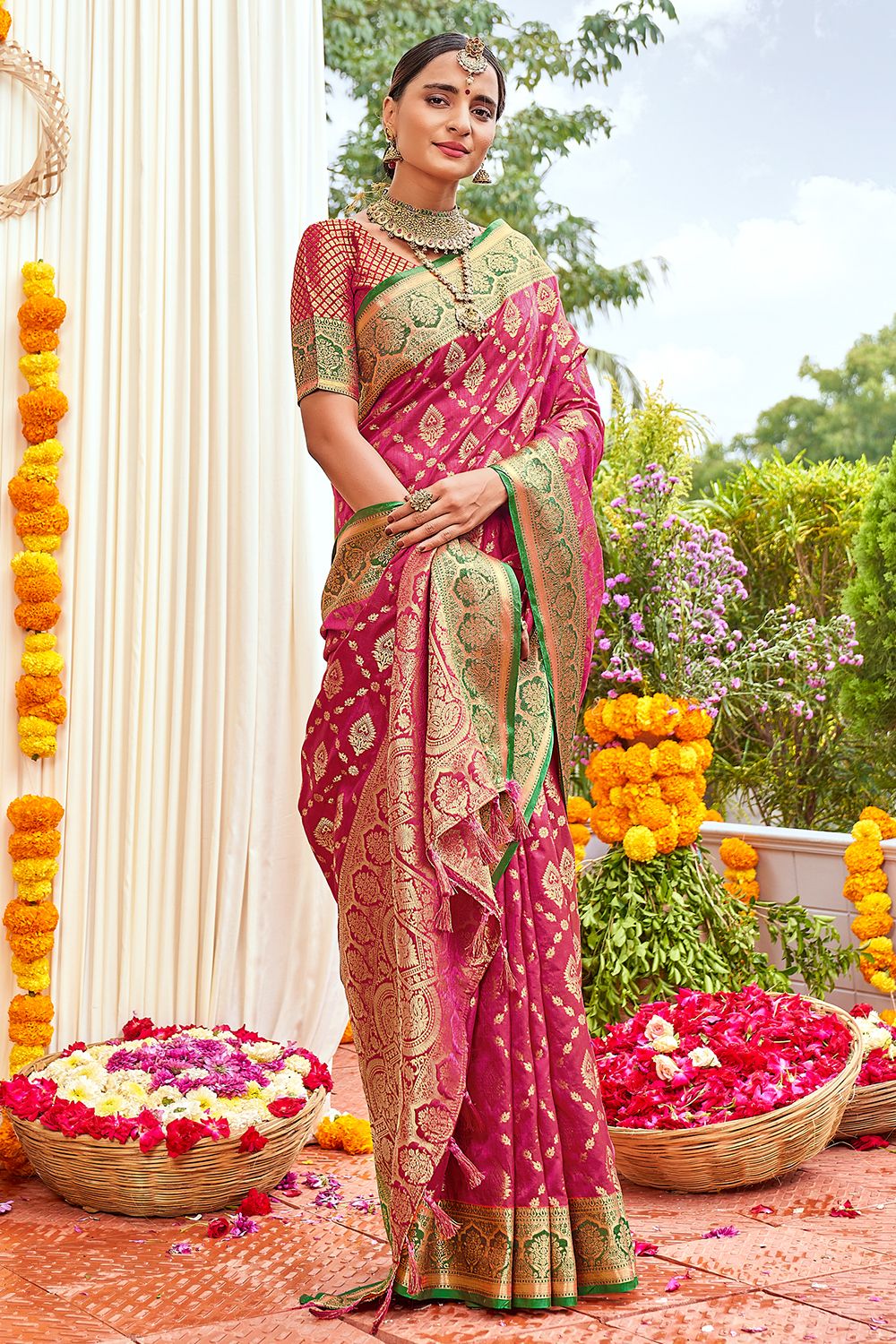 Magenta Pink Banarasi Saree