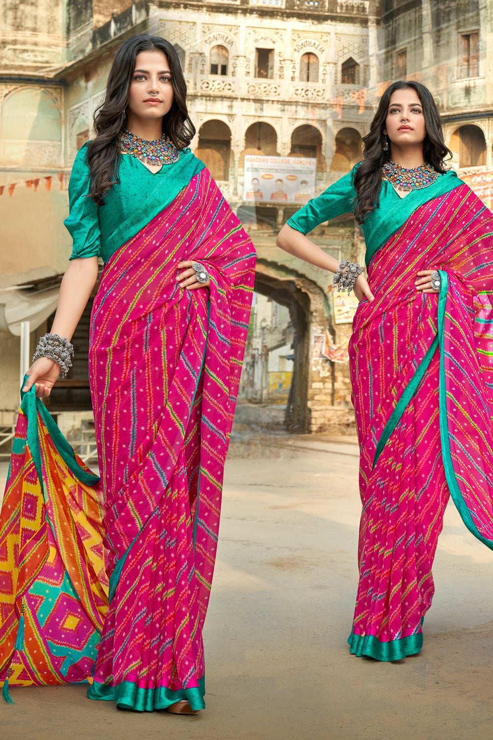 Sunglo Pink and Orange Lehariya Georgette Silk Saree – MySilkLove